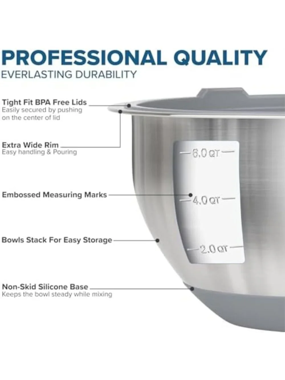 10-Piece Stainless Steel Mixing Bowls Set with Non-Slip Base & Lids, Dishwasher